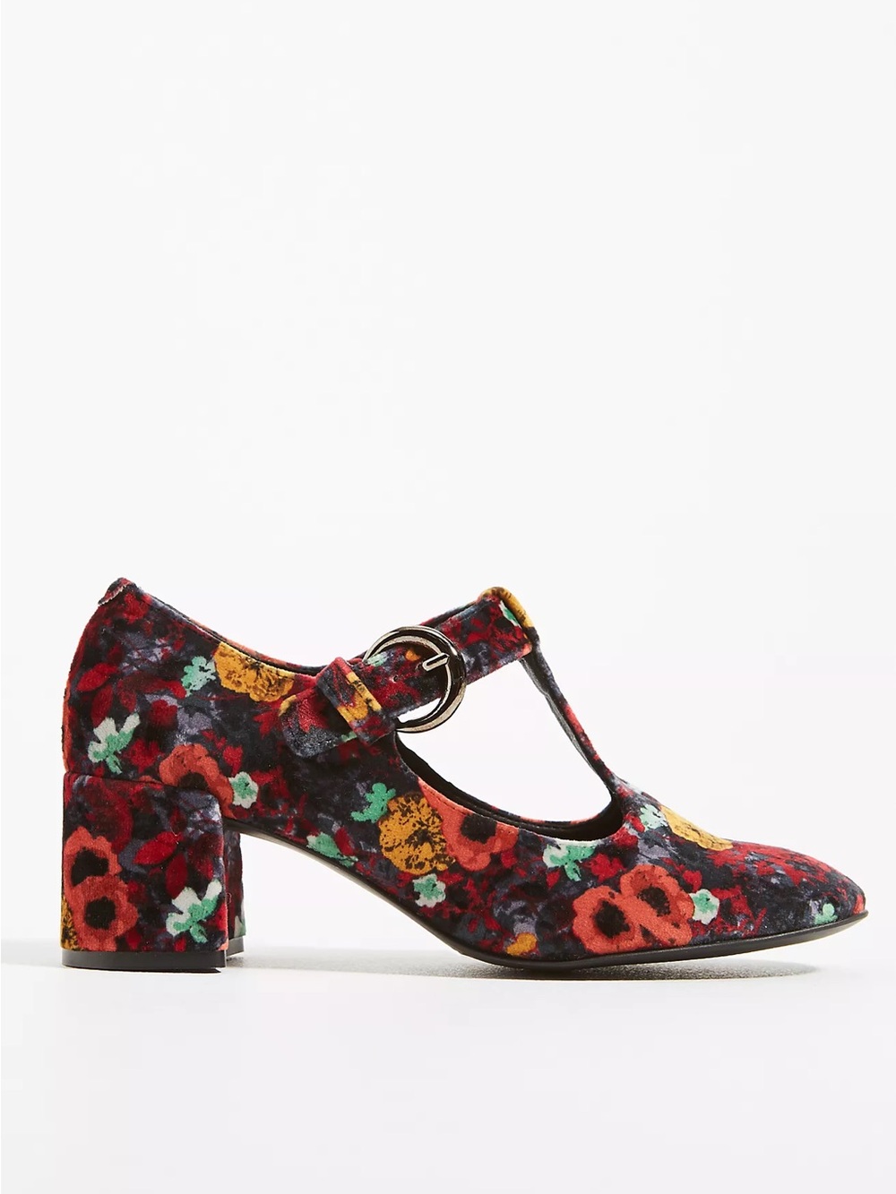 Anthropologie | Sam Floral Velvet T-Strap Block Heel Pumps | Sz 9 (EU 40)